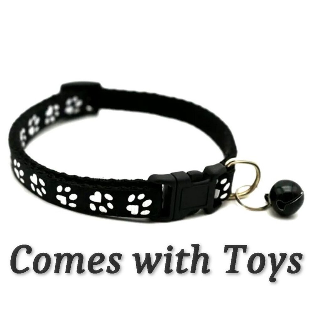 Sweet Heart Paw Print Black Cat Collar with Bell and Toys Gift Package